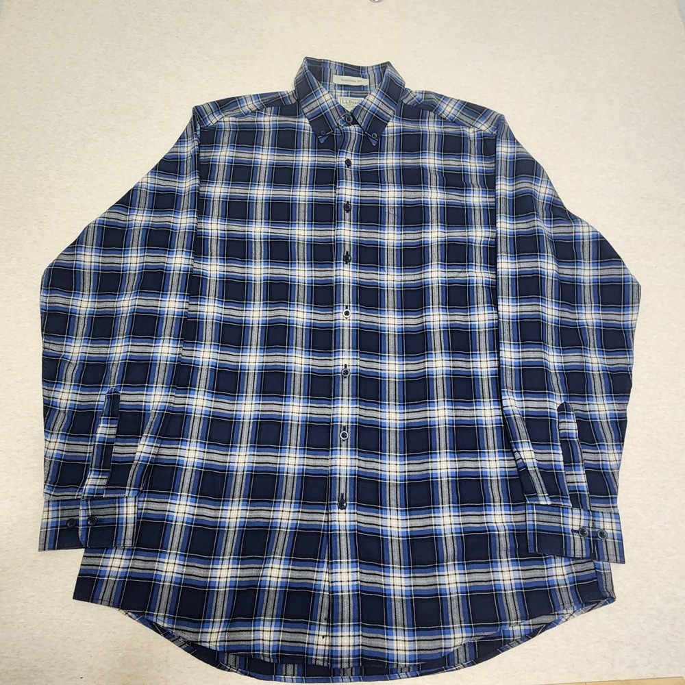 LL Bean Flannel Shirt Mens Large LT Tall Blue Plaid Traditional Fit Long Sleeve